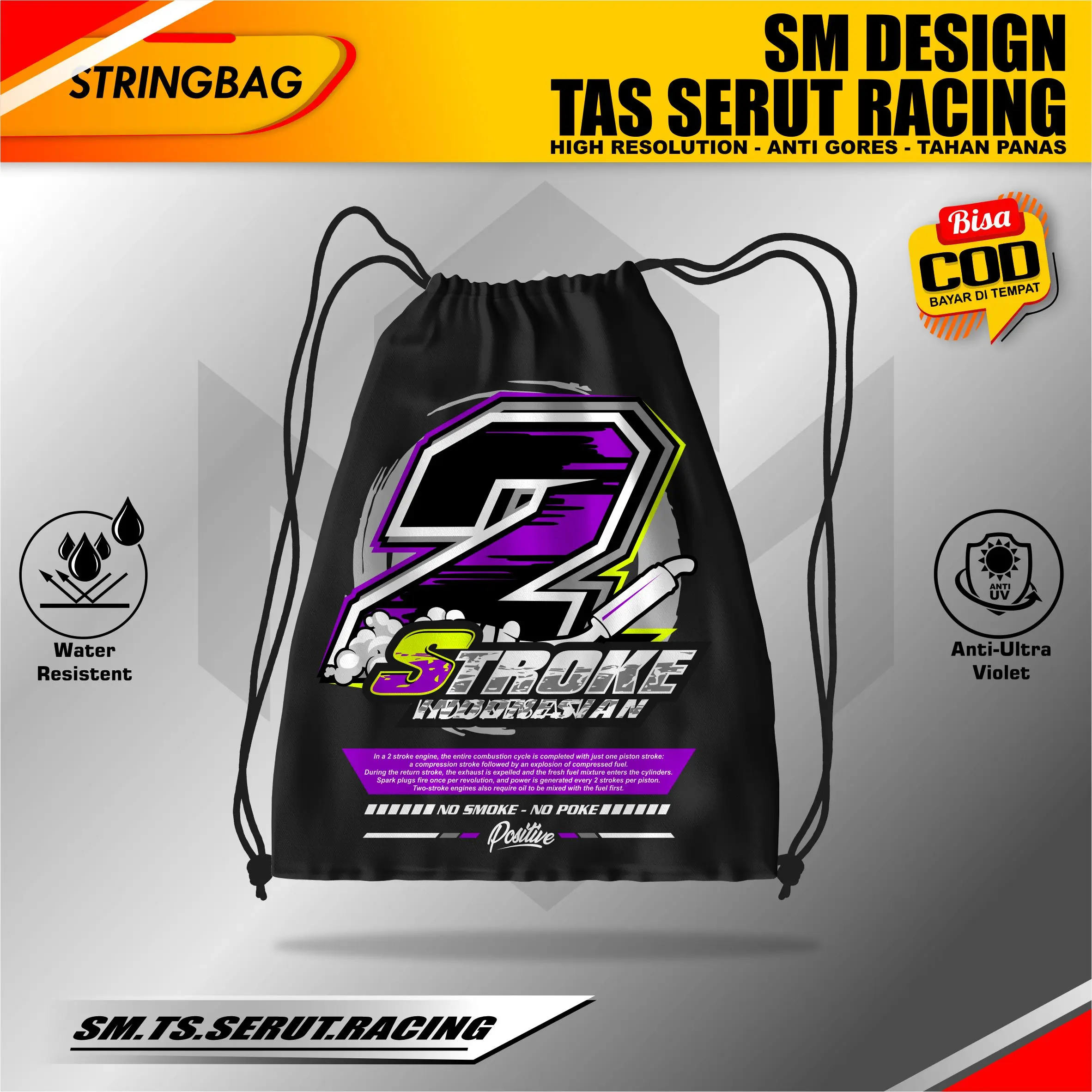 SM Tas Serut Hitam String Bag Full Print Motif Racing