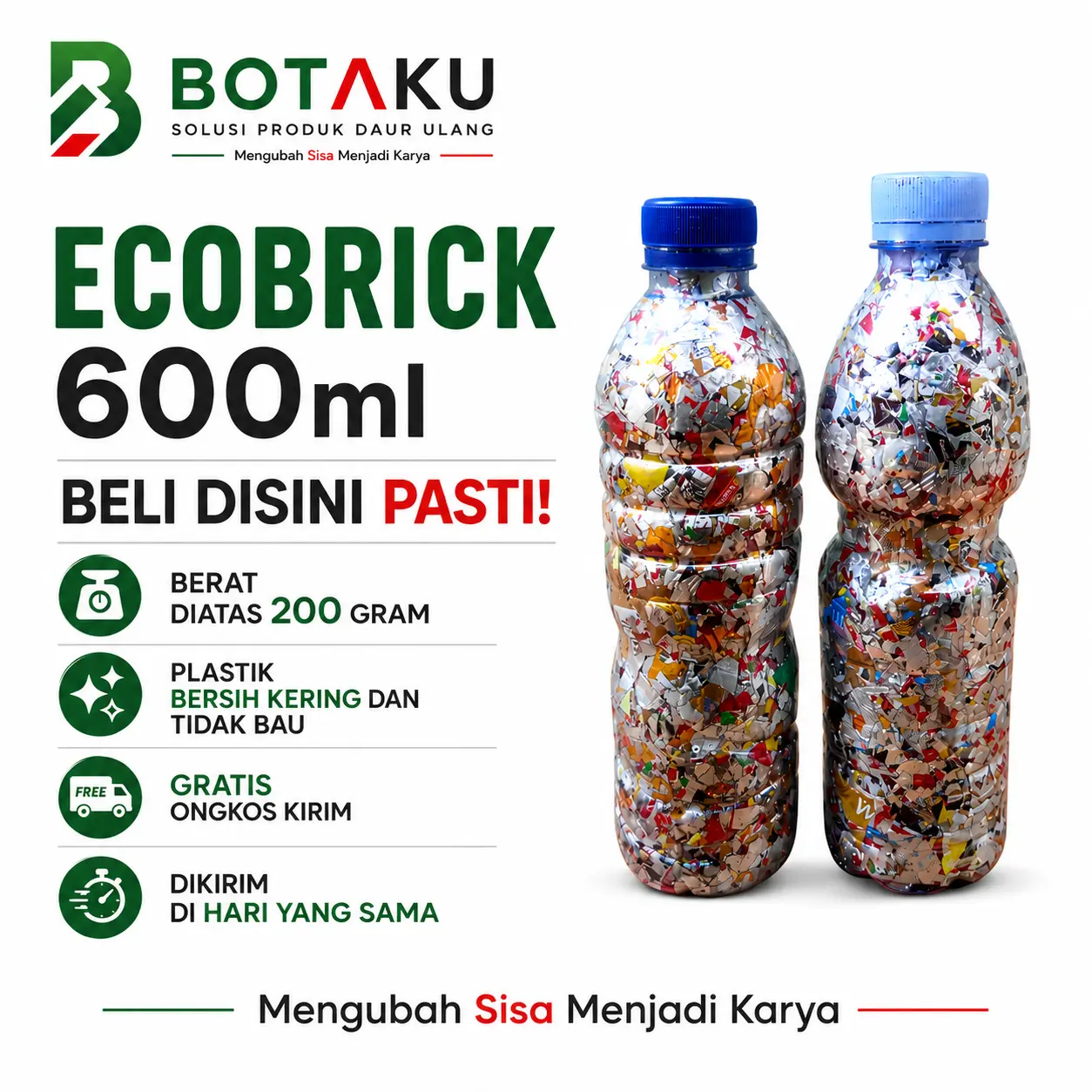 Ecobrick Botol Aqua Lemineral 600ml Berat 250 Gram Padat Bersih Siap Pakai | Botaku