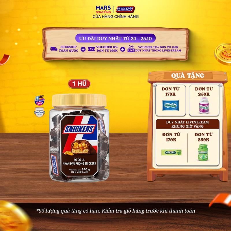 Hũ kẹo sô cô la nhân đậu phộng Snickers jar 240g (20 thanh x 12g)