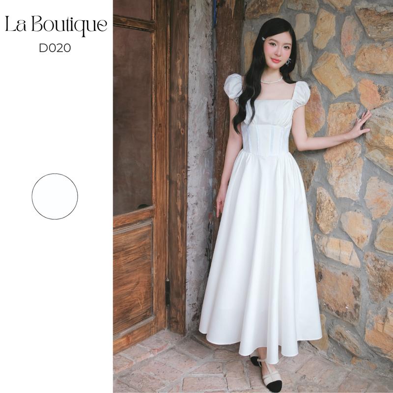 LA BOUTIQUE - Đầm Dài Cổ Vuông Tay Phồng Phối Corset Viền Ren Vải Tơ-D020