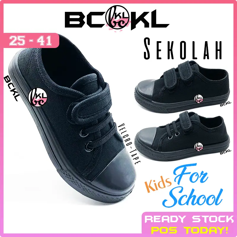 【 BCKL 】Kid's Canvas Black Sneakers | Boys Girls Baby Sport Shoes for School | Kasut Sekolah Hitam Budak Remaja 25-41