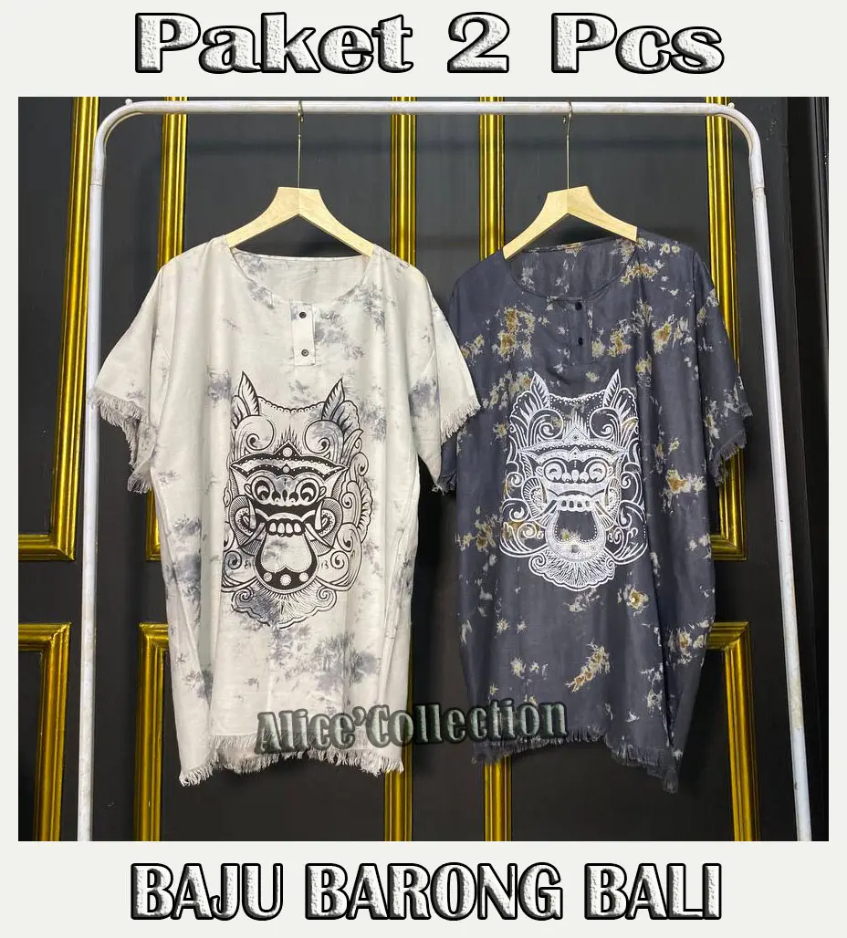 Paket 2 Pcs Baju Barong Bali Motif - Kaos Barong Bali Atasan Pria Wanita - Baju Santai - Baju Pantai