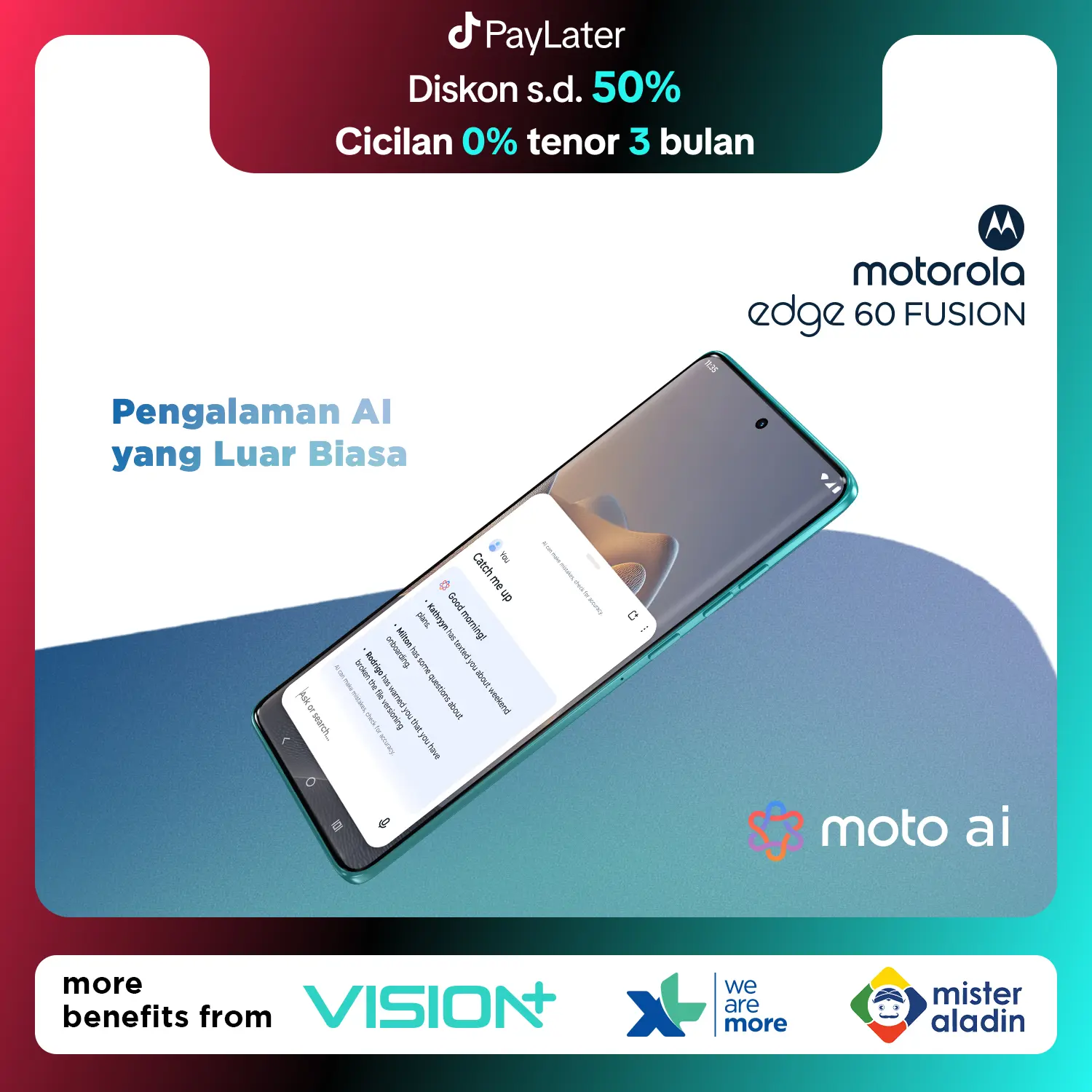 Motorola Edge 60 Fusion 5G 12/256GB - Moto AI - MTK Dimensity 7400 - 4500 nits - 6.7 inch 4D Curved Display - Gorilla Glass 7i - 120Hz - 50MP Main Camera Lytia 700C - 32MP Selfie - 5500mAh - NFC - Dolby Atmos Stereo - Bonus Charger 68W & Hard Case