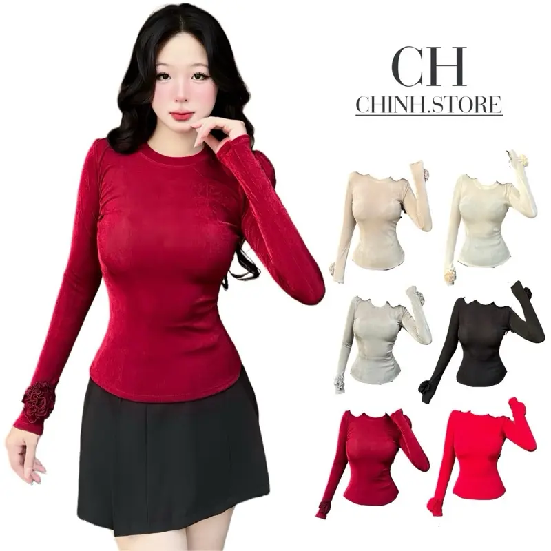 A78- Áo thun tay dài nữ phom ôm cổ tròn tay đính hoa chất thun nhũ nhún kim, áo thun cổ tròn nữ, áo thun ôm tay dài nữ Women 0