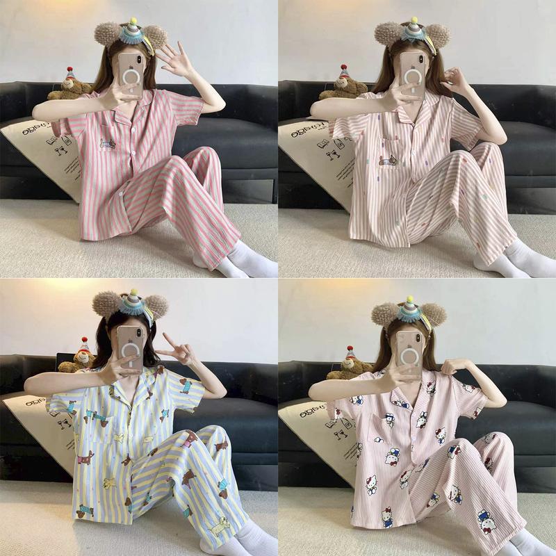Bộ đồ ngủ bông mây in hoạt hình nữ tay ngắn quần dài dễ thương