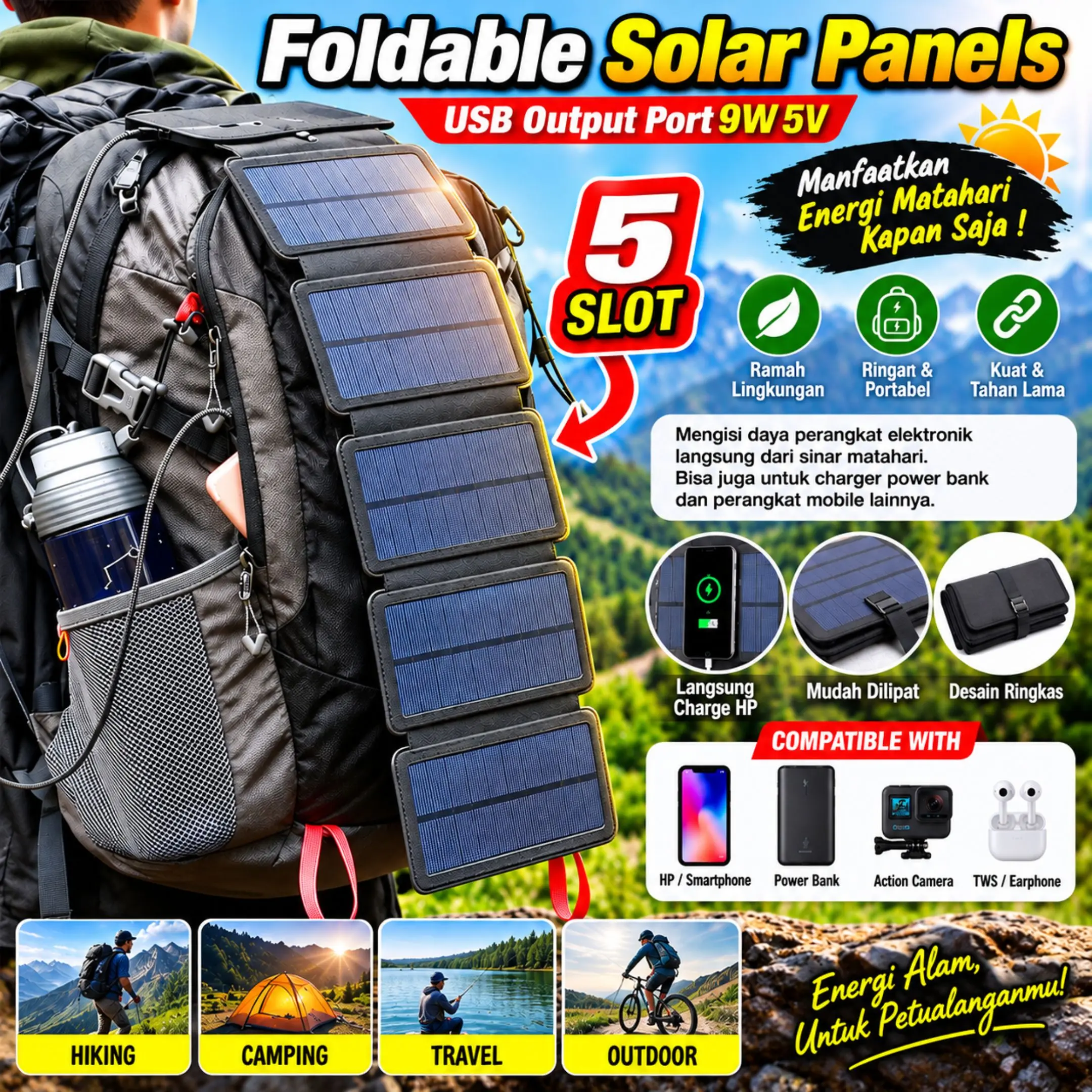 SolaBright Charger Hp Solar Panel Portable 5 Fold USB Output Port 9W 5V KER-SO1 untuk Battery Selempang
