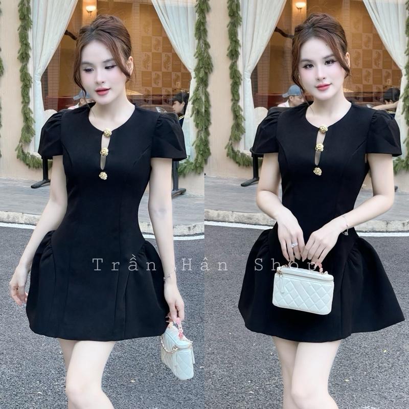 V398 VIP02 Váy dạ tiệc đen,váy cổ tròn khuy hoa đồng chân váy xòe ngắn