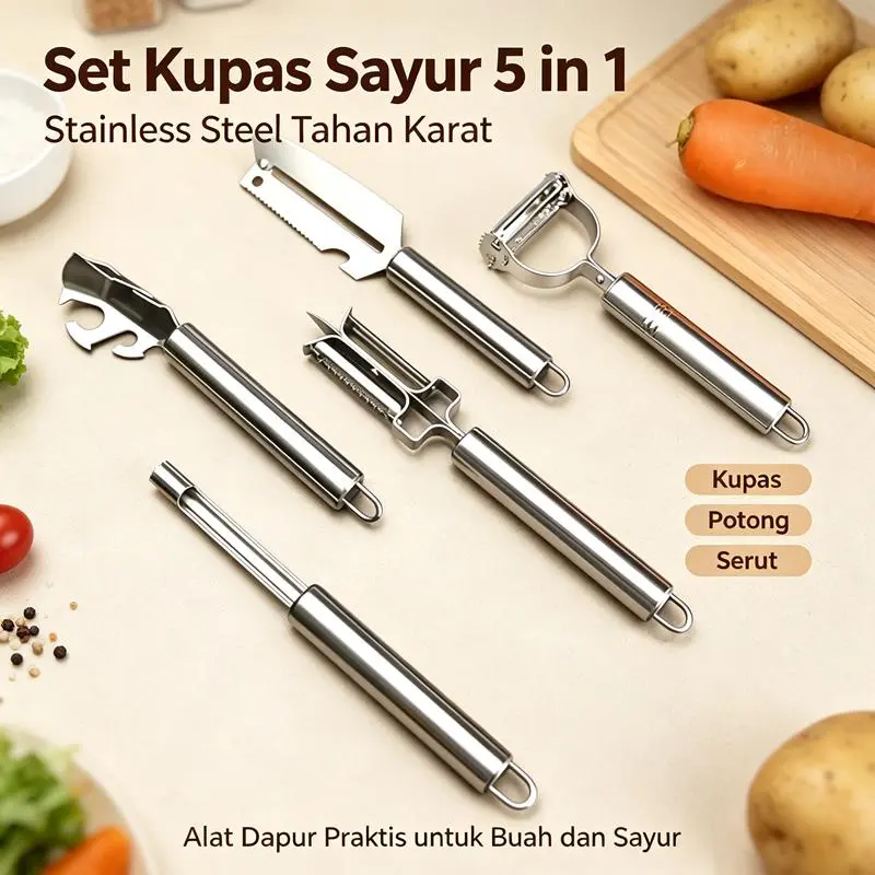 Set Alat Pengupas Buah Sayur 5 in 1 Multifungsi Stainless Steel, Alat Kupas Umbi Umbi Tajam Aman Gagang Anti Slip, Mudah Disimpan & Dibersihkan