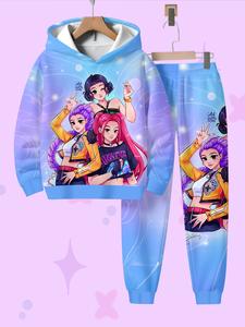 Conjunto de sudadera con capucha para niñas, deportiva con estampado de dibujos animados 3D, moda casual de manga larga, opción de regalo moderna
