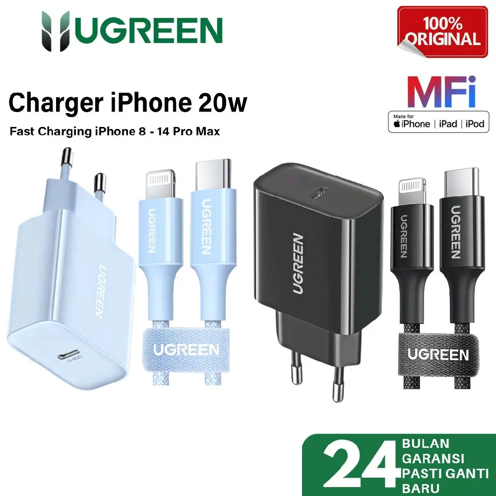 Wall Charger Adaptor Kabel iPhone 20W UGREEN USB Type C Lightning Panjang 1M MFi Black White Cable