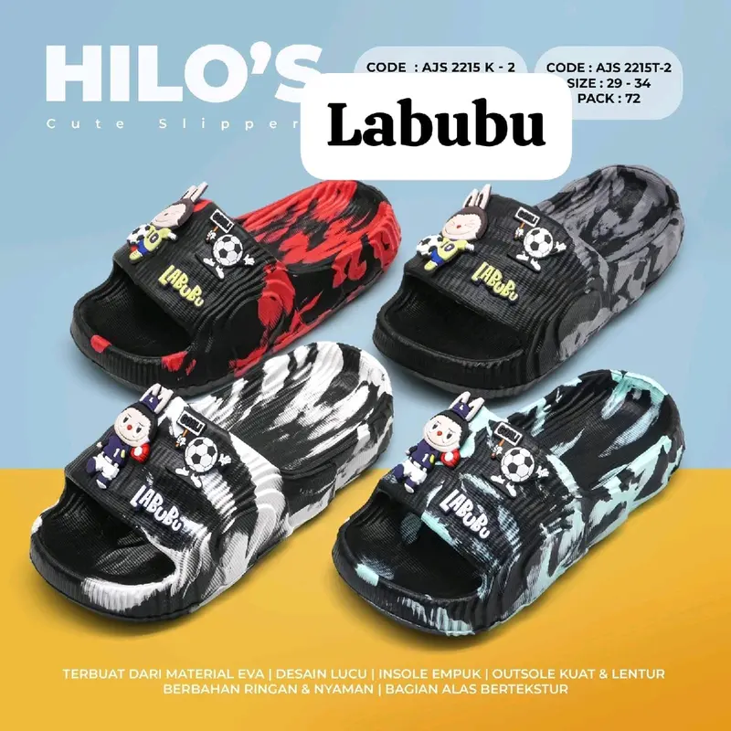 COD NEW Sandal Hilo's Labubu Anak cowok - Sandal labubu anak laki-laki lucu - Sandal labubu anak cowok terbaru viral - Sandal selop labubu loreng anti slip terbaru Fashion Motif Sepatu 0
