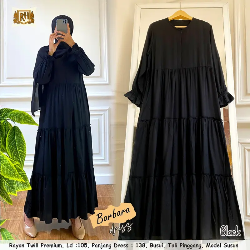 Dress BARBARA Katun Gamis Susun Panjang Hitam Busui Dewasa - Gaun Remaja Pesta Midi Baju rayon Casual 2