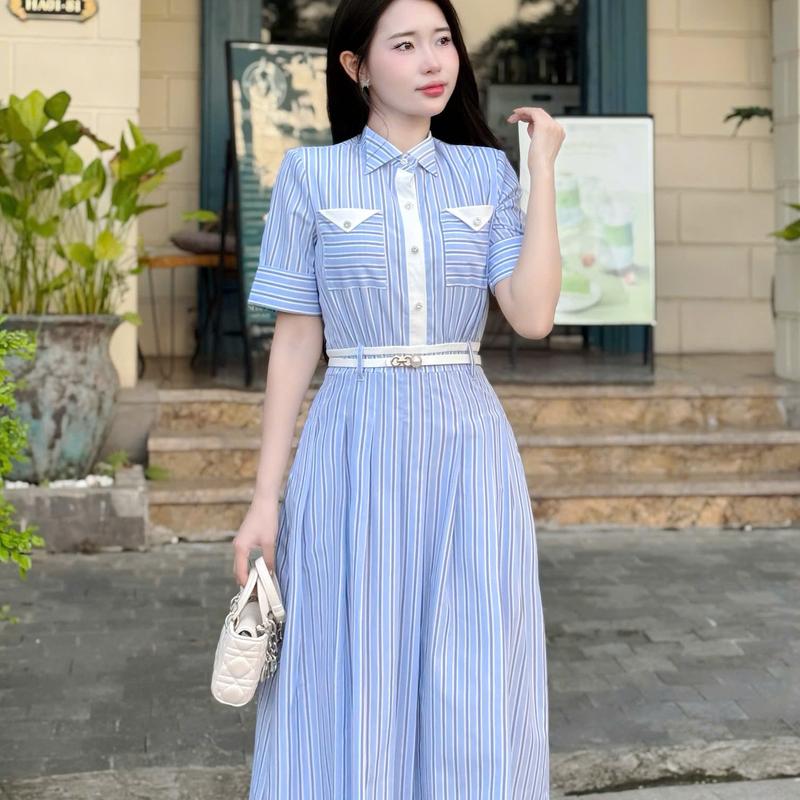 Váy Đầm Thiết Kế Ella Desgin dành cho nữ kiểu dáng midi tay ngắn cổ bẻ tặng kèm blet phù hợp mặc đi làm đi chơi có bigsize A82