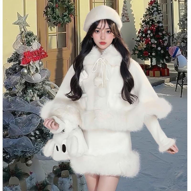 SET 3 CHI TIẾT KÈM MŨ Set dạ kiểu nữ S219 chất dạ ép lông cừu kèm chân váy họa tiết mix lông thỏ tiểu thư dày dặn ấm áp thu đông Hàn Quốc Kozoda
