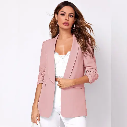 Blazer Wanita Formal Casual Nyaman Outer Atasan Kerja Kantor Santai Outfit Basic Blazer Panjang Oversize Wanita Tanpa Kancing Kerah Simple