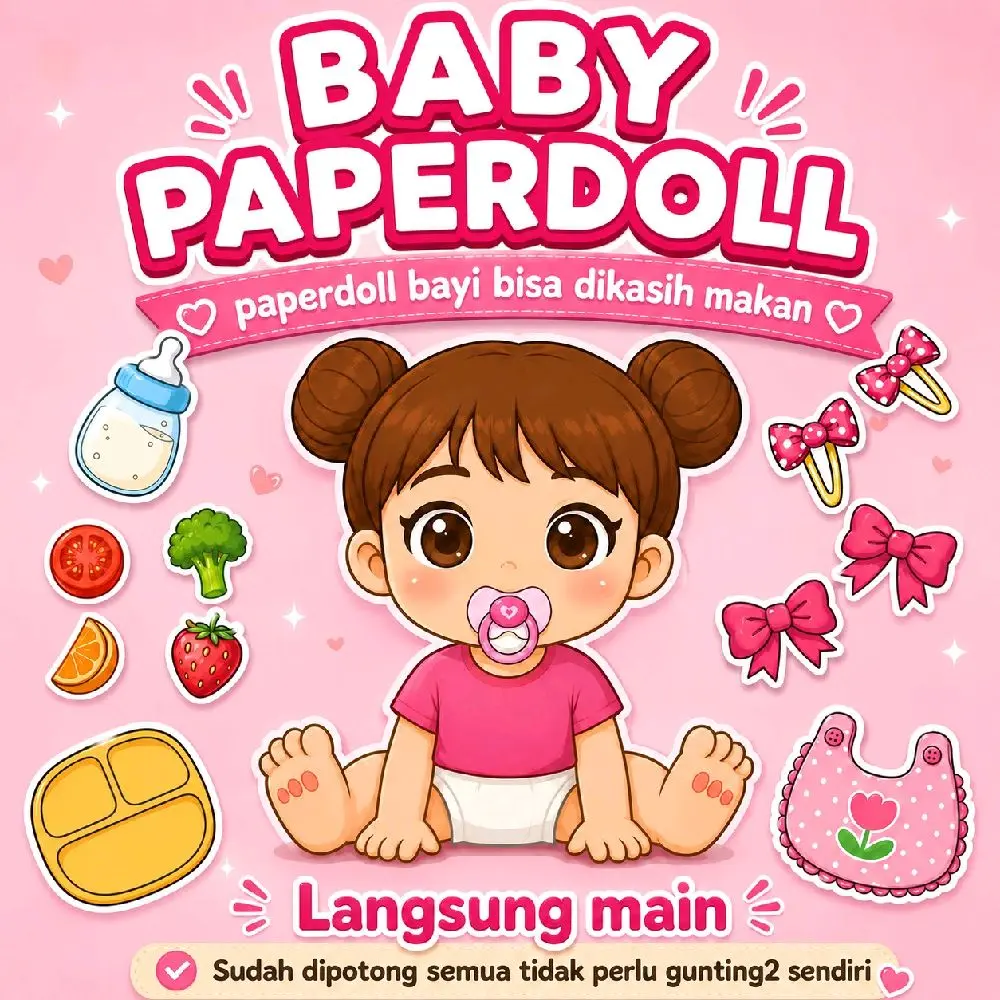 Babydoll mainan kertas paperdoll bayi bisa dikasih makan, permainan kertas edukatif untuk si kecil dilemgkapi aksesoris lucu edisi terbaru edukasi anak seru dan interaktif