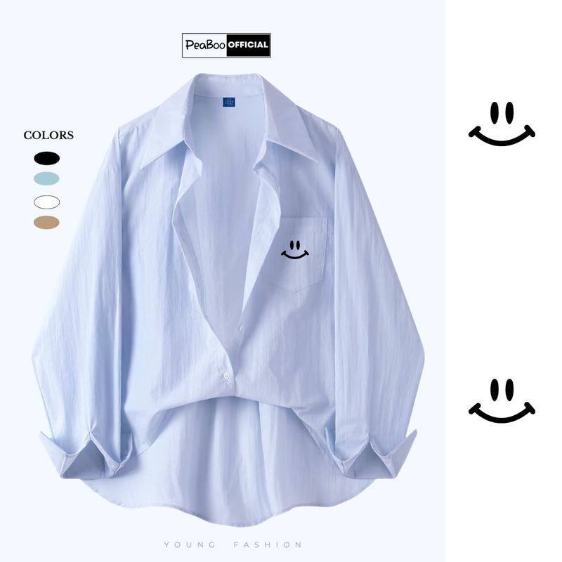 Áo Sơ Mi Nữ, Sơ Mi Nam Nữ Dài Tay Unisex By PEABOO Mã BST07 In Hình Chất Đũi Xước Có Túi Ngực Form Rộng Phong Cách Hàn Q