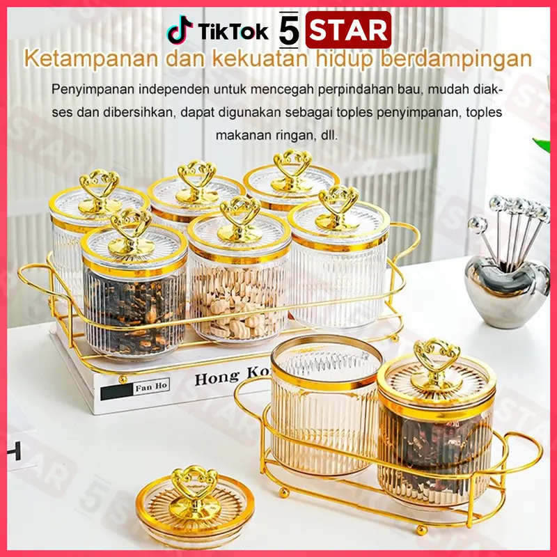 【Flash Sale】5STAR Set Toples Gold & Nampan Mewah - Guci & Kotak Penyimpanan Kue, Camilan, Dapur, Set Tangki Segel Plastik, Desain Elegan untuk Lebaran 1