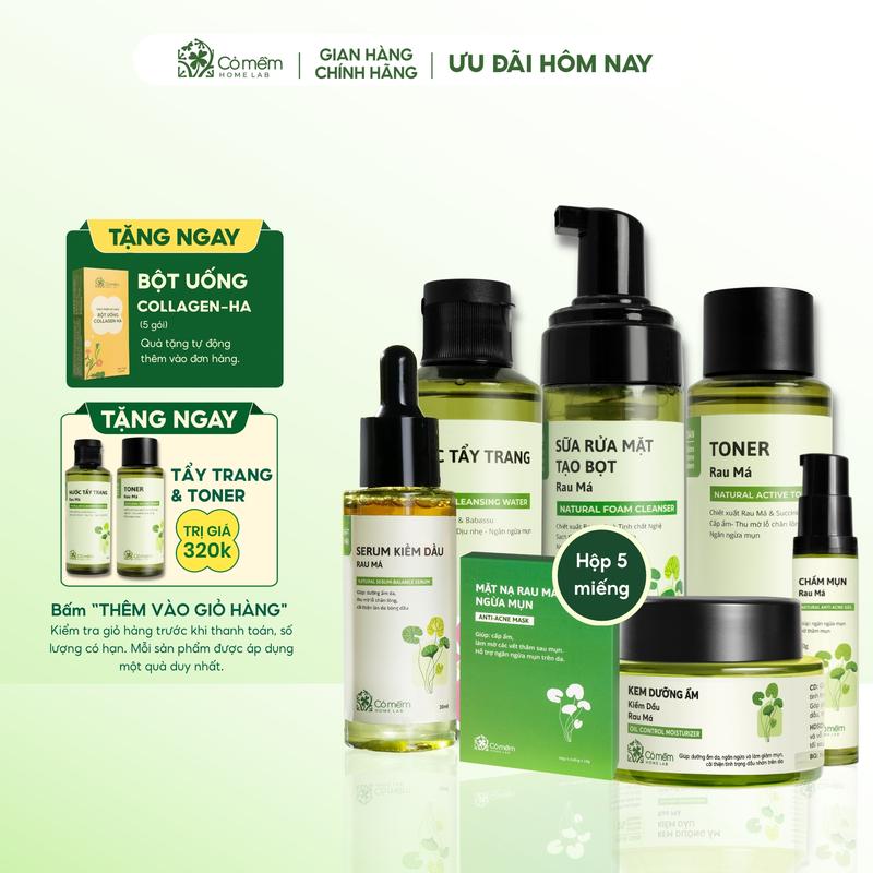 [COMBO TẶNG 2 QUÀ MIỄN PHÍ] Trọn bộ Skincare Chăm Sóc Da Kiềm Dầu Giúp Giảm Mụn Rau Má Chuyên Sâu Bọt Rửa Mặt, Nước Tẩy Trang, Toner, Kem Duỡng, Serum, Chấm Mụn, Mặt Nạ Cỏ Mềm