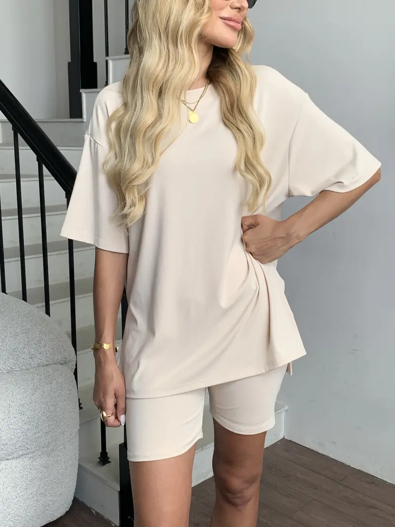 Product Introduction of TFNOSIZE Women's Casual Wear, Summer, 2-Piece Suit, Pajamas, Casual Loose, Short-Sleeved Shorts, Airport Travel Wear, Hem Slits, Home Wear 3