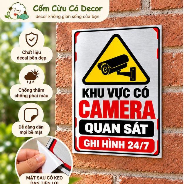 Decal Dán Cảnh Báo Khu Vực Có Camera Quan Sát 24/7, Biển Báo An Ninh Ghi Hình Liên Tục, Chống Nước, Dán Cửa Kính, Cửa Chính, Kích Thước 15x20cm – Cốm Cừu Cá Decor