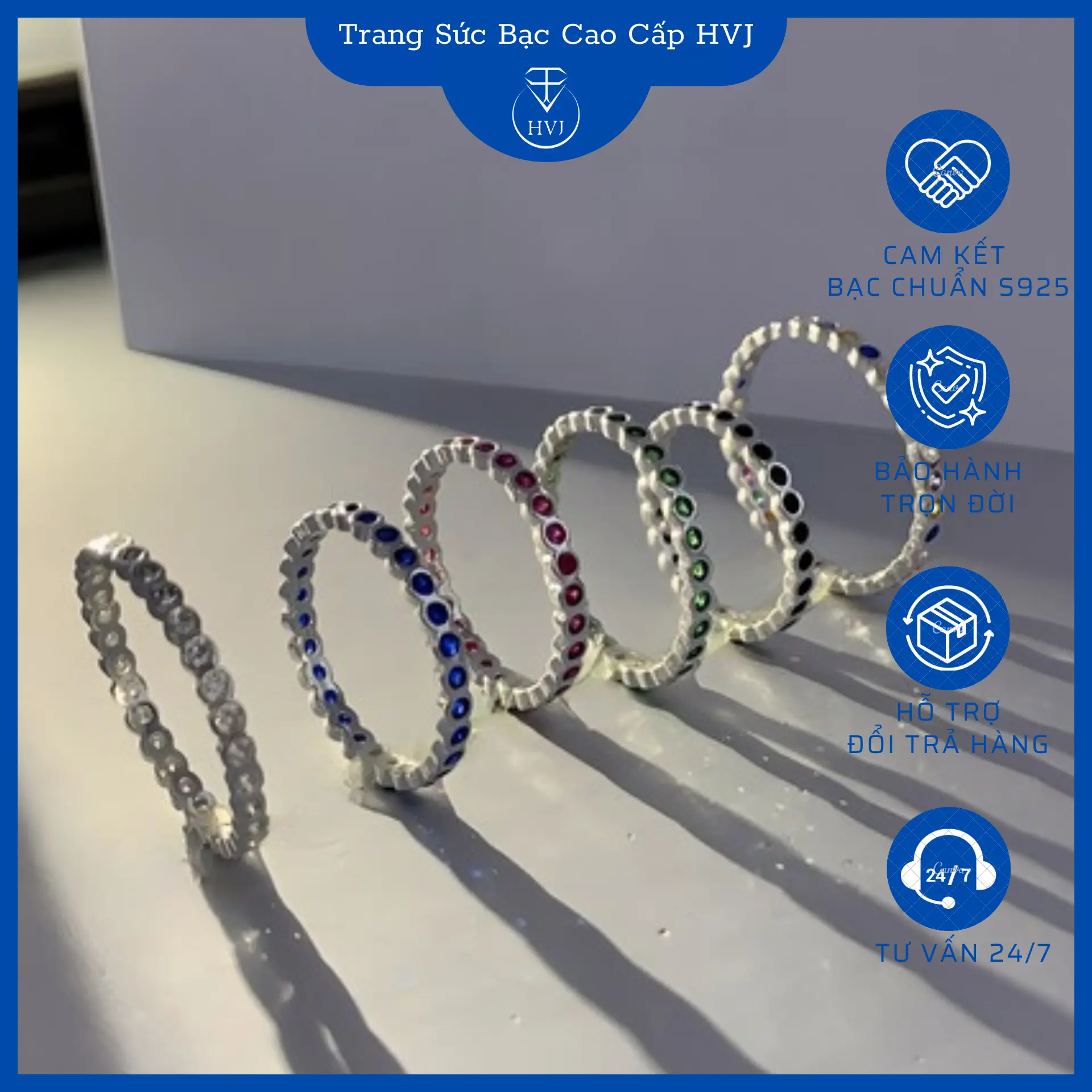 Nhẫn Bạc Nữ S925 Đính Đá CZ Rainbow Đủ Size Từ Ngón Út Đến Ngón Cái Phiên Bản Xi Kim Sáng Bóng | Có Xi Kim | Có Kèm Hộp Đựng | Trang Sức HVJ | NN004C015C020C025M00086