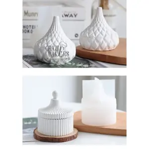 Cetakan Silikon Candle Cup Storage Box Flower Pot Round Stripe Jewelry Potted  with Lid - Tempat Penyimpanan Dengan Tutup
