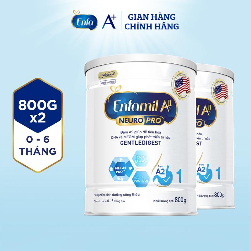 Bộ 2 lon sữa bột Enfamil A2 Neuropro 1 giúp dễ tiêu hóa, hấp thu cho trẻ từ 0-6 tháng tuổi – 800g/lon