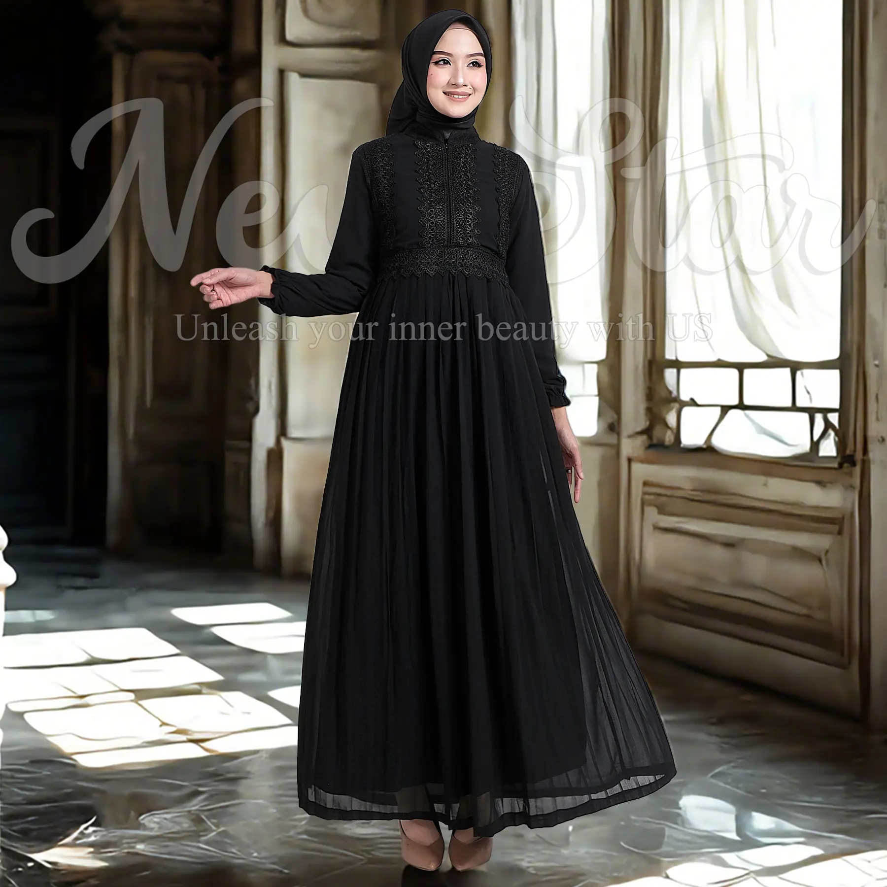 NewStar - Gamis Lebaran 2025 Terbaru Dress Kekinian Baju Hitam Muslim Wanita Murah Premium Model Baru Elegan Abaya Turkey Mewah i40
