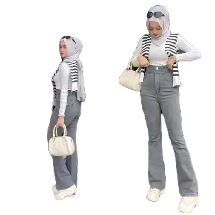 Celana jeans cutbray highwaist wanita panjang Bawahan