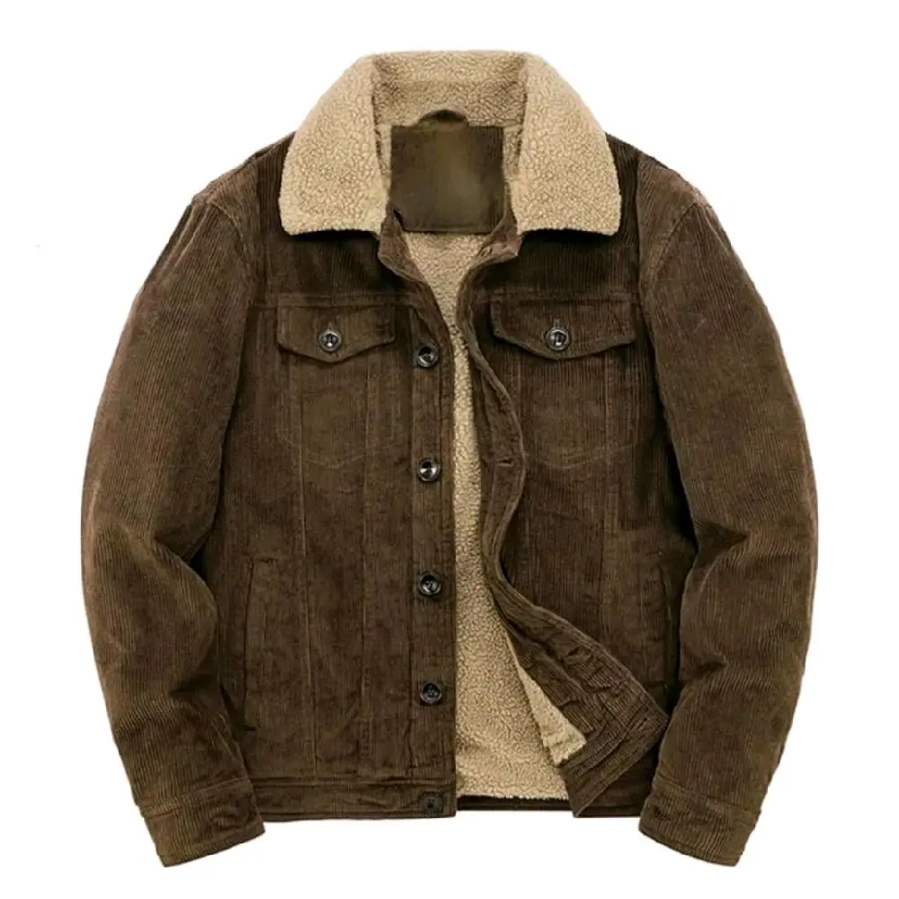 Jaket Sherpa Berbulu Pria jeans dengan Kancing 5 Kerah bulu Garis-Garis Cotton Coduroy - Lembut