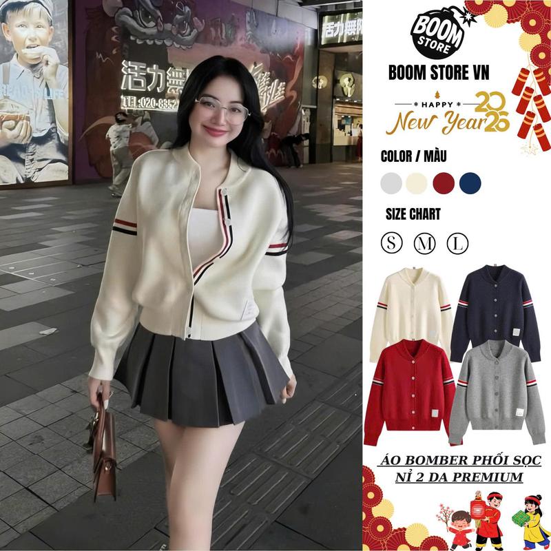 [NỈ 2 DA CHUẨN] Áo Khoác Bomber Phối Viền Nổ Đính Cúc ,Áo Khoác Nữ Kẻ Sọc Hottrend  – BY BOOM STORE