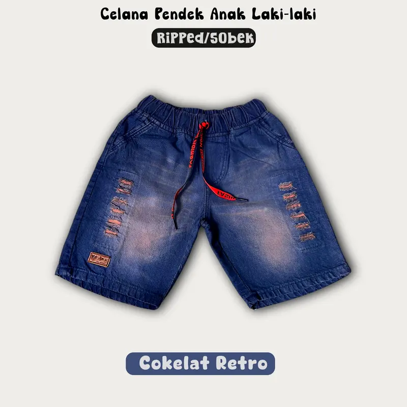 Celana Anak Pendek Jeans Tali Kolor Wisker Ripped Sobek Usia 1-13 Tahun Terbaru Bayi Cowok Matt Softjeans Nonstret - Fashion 1