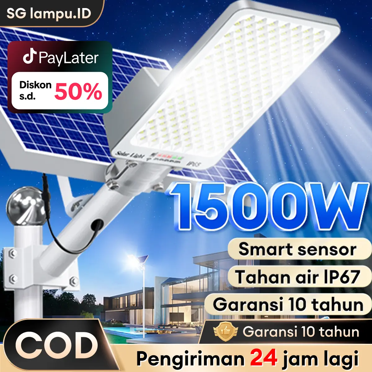 【Garansi 10 tahun】lampu tenaga surya otomatis 1500W lampu jalan tenaga matahari 0 Biaya listrik sepanjang tahun lampu dinding surya indikator daya anti petir 10 meter kendali jarak jauh penggunaan di luar ruangan daya 24 jam terus menerus level IP67