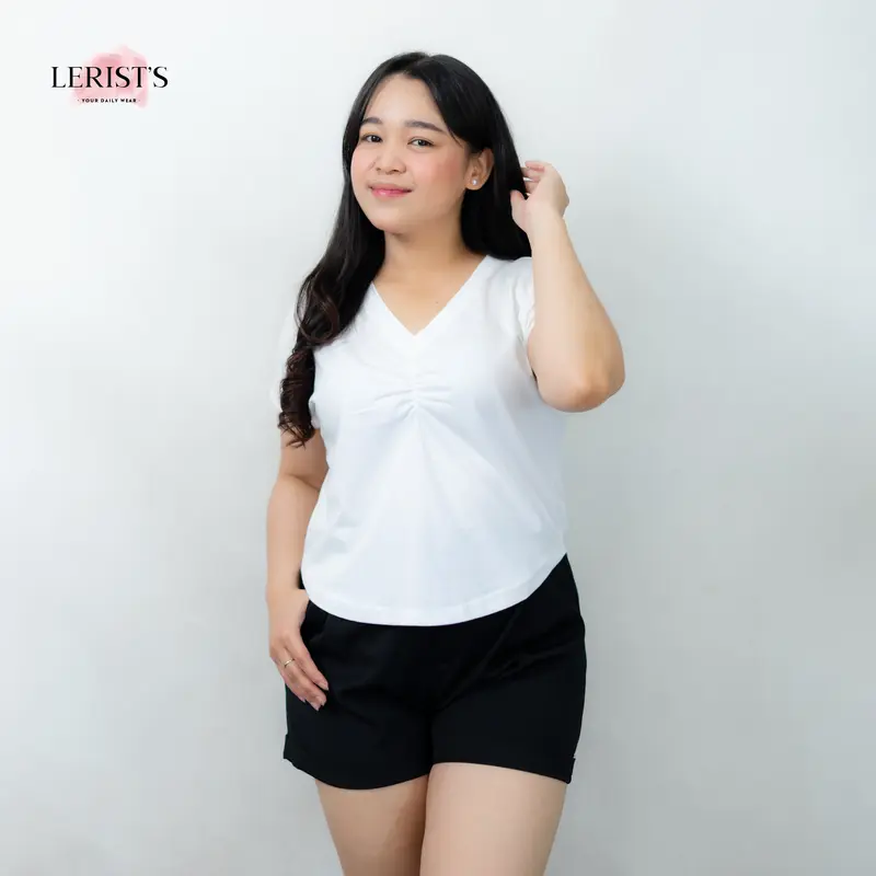 VNECK CROP KERUT DADA LERIST- Atasan wanita Crop top tee polos Kaos Katun Leher V Wanita Cotton Combed 30s Premium Lerist T-Shirt Polos Baju Pendek Lerist Basic Panjang 6