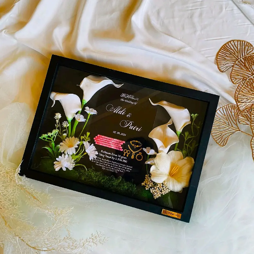 Mahar Cala Lily Gardenia Lanskap Aesthetic Frame Hitam, Mahar Nikah Akrilik Cala Lily