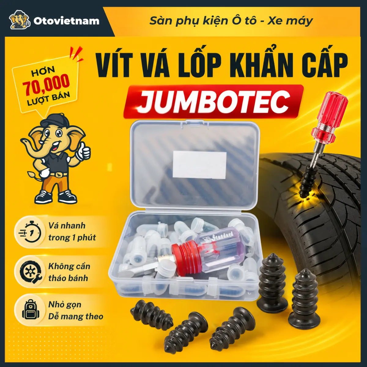 Vít Vá Lốp Khẩn Cấp Jumbotec: Vít lõi thép bọc cao su - Vá nhanh ô tô, xe máy - Không cần tháo lốp - Dành cho lốp ô tô, xe máy không ruột