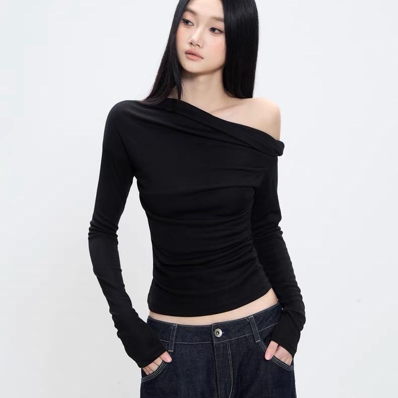  Áo lệch vai xoắn tay dài đen  nâu đỏ Bigsize p66 - Orimi 