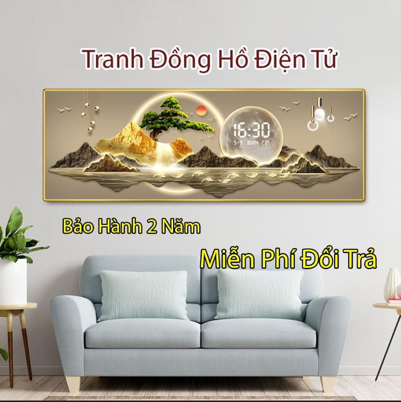  Tranh đồng hồ tráng gương đèn LED sơn thủy hữu tình,Tranh treo tường phong thủy deocr phòng khách 