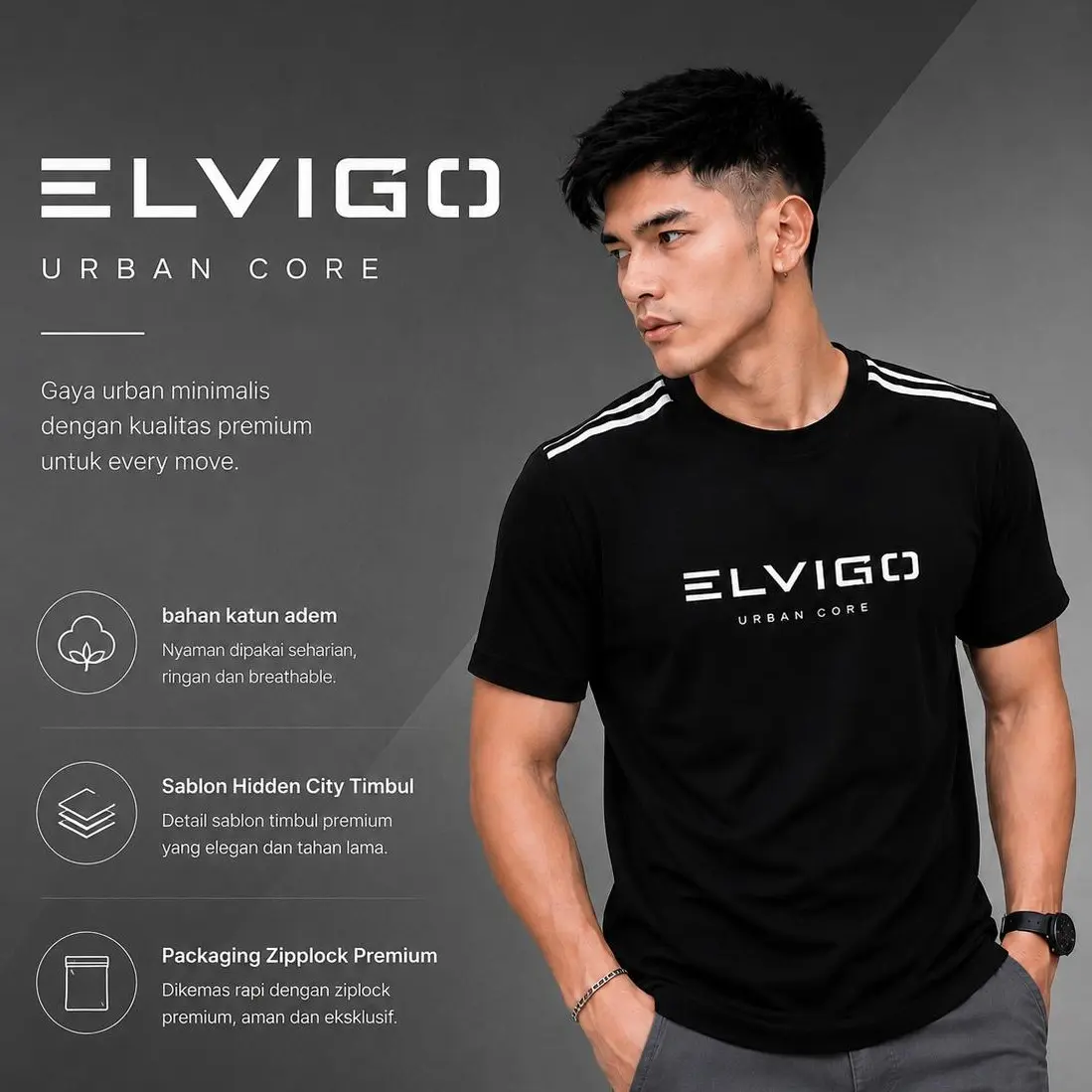 Elvigo T-shirt Cotton Combed 24s Premium Tebal Adem Logo Sablon HDC Timbul