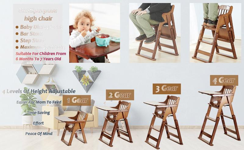 Product Introduction of Wood High Chair with Tray, Baby Highchairs, Children High Stool Dining Chair for Babies and Toddlers Portable Kids Folding Chair with Safety Belt Adjustable Height 14