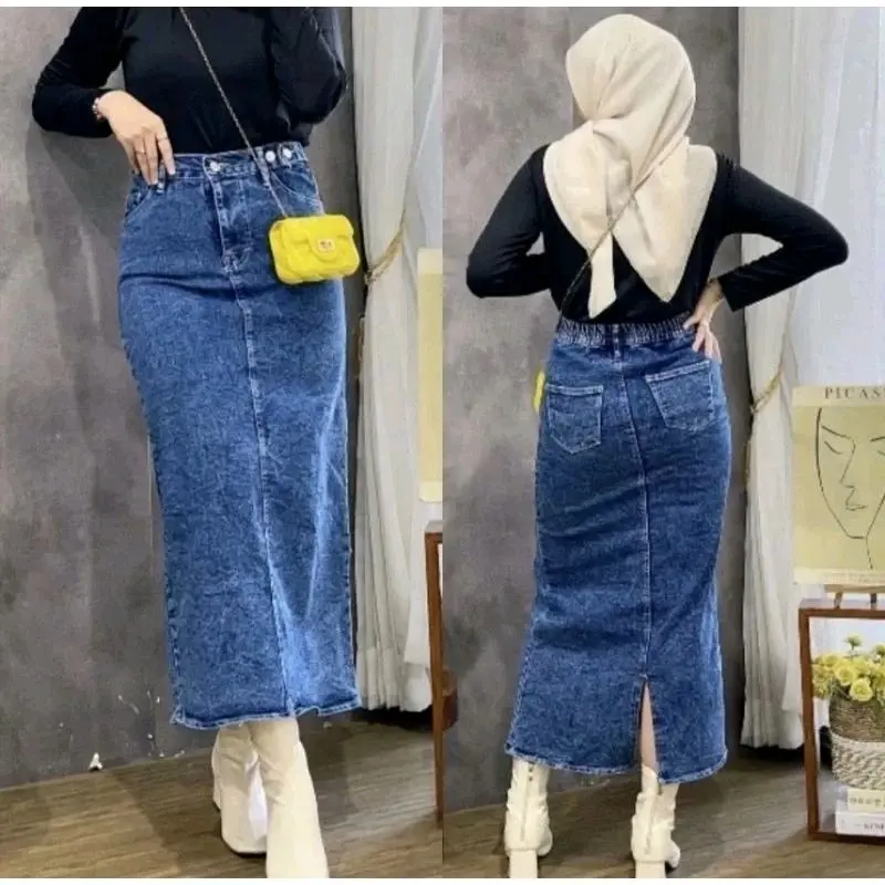 Fuji Rok Jeans Span Premium By Lanre - Outfit Bawah Jumbo Santai Kancing Karet Panjang Tebal Denim Wanita 4