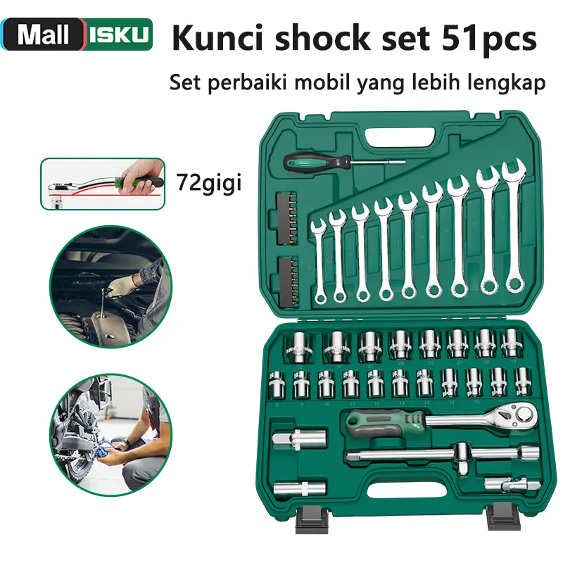 ISKU Kunci Shock Set Kunci Mata Sok 51PCS 24Gigi Set Socket Full TOOL KIT Alat Perbaikan Mobil Set 1/4‘’ Seri Kunci Set