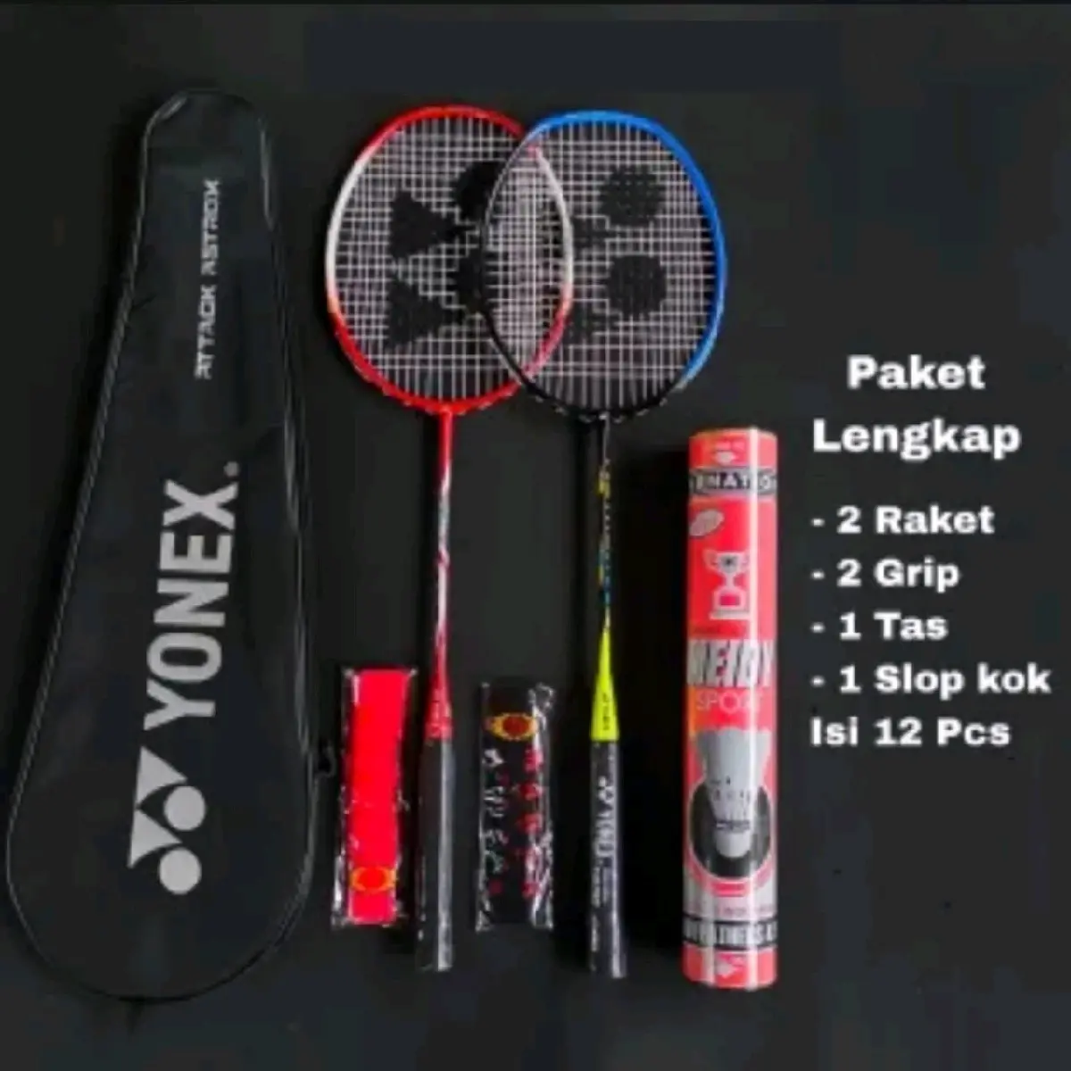 RAKET BADMINTON PAKET LENGKAP MODEL SENYAWA TERLARIS 2 RAKET 2 GRIP 12 KOK 1 TAS