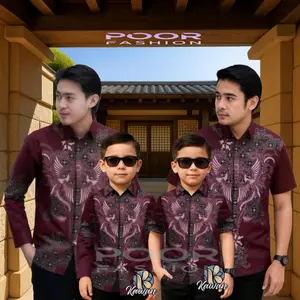 TERBARU BAJU BATIK PRIA PANJANG DAN PENDEK COUPLE AYAH DAN ANAK WARNA BURGUNDY MOTIF Dewasa Katun Seragam Kerja