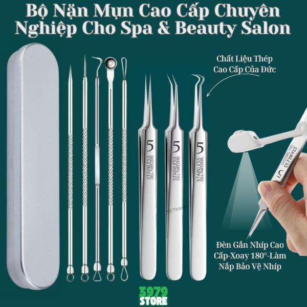  Bộ Que Nhíp Nặn Mụn 8 Chi Tiết Kèm ĐÈN LED Skincare Cây Nặn Mụn Gạo Thép Không Gỉ Chuyên  Nặn Mụn _ Đầu _ Đen _ Cám _ Ẩn  