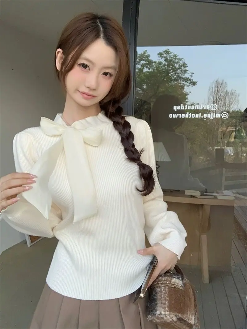 Áo Dệt Kim, Ankela, Nơ Đỏ, Đế Buộc Dây, Chải, Phong Cách Hàn Quốc, Phù Hợp Mùa Xuân Và Mùa Thu, Thanh Lịch, Thời Trang Nữ Women Top Màu Đen
