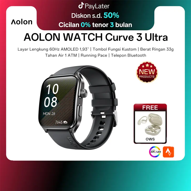 【Amoled】Aolon Curve 3 Ultra Jam Tangan Smartwatch 45mm Layar AMOLED 60Hz Tombol Kustom Telepon Bluetooth Pemantauan Tidur Tahan-Air-1ATM-Olahraga Diskon 50% Cicilan 0% Tenor 3 Bulan 0