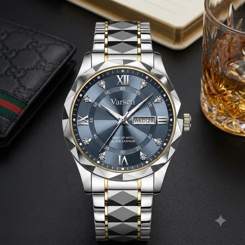 - M0326 - Đồng hồ Nam thiết kế tối giản sang trọng với mặt vát kim cương xám xanh khói đính đá nổi bật, vỏ và dây thép demi vàng vát cạnh độc đáo