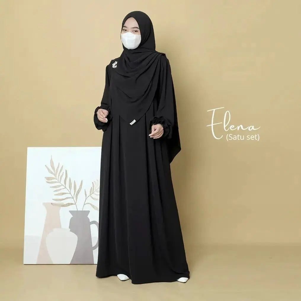 Muslimah longdress elna gyatri set tudung solid crinkle with one side pocket ironless daily dress